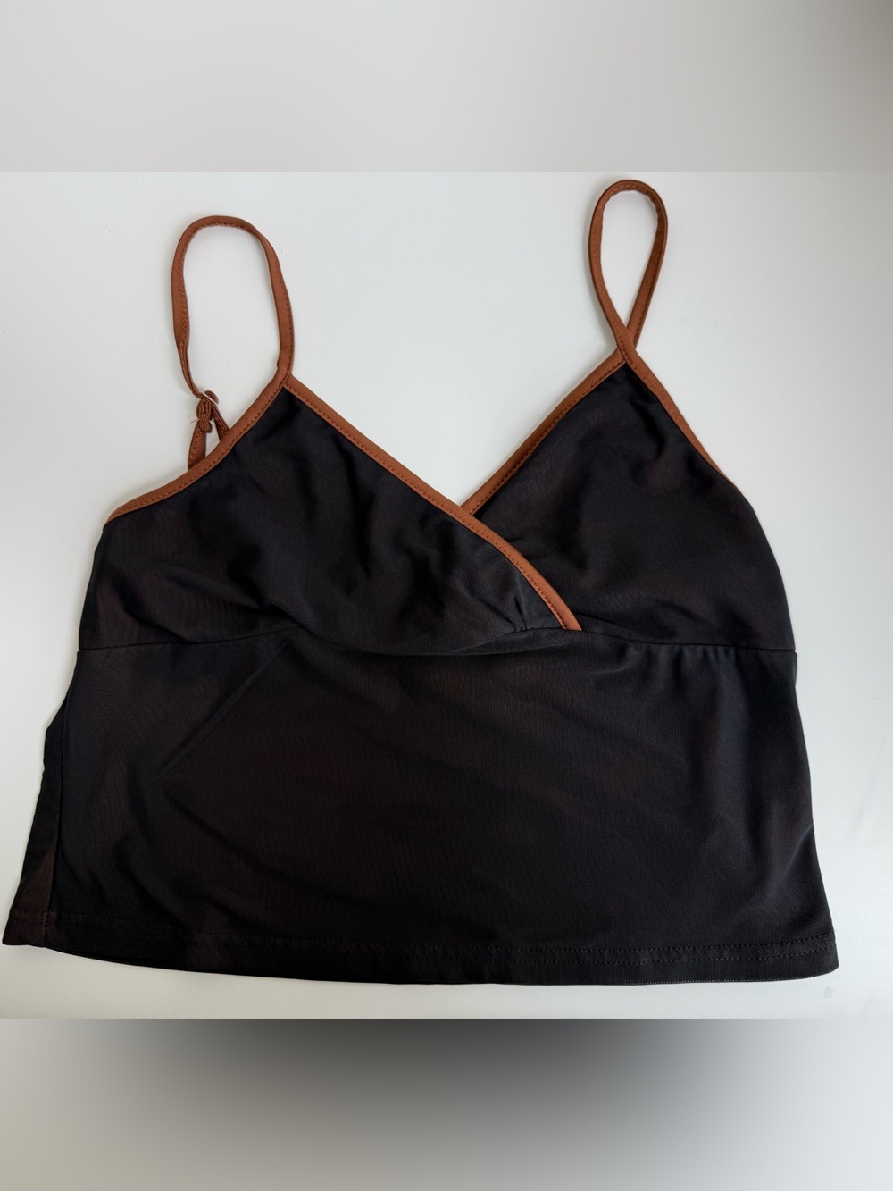 Black Mesh V Neck Spaghetti Strap Top with Brown Trim